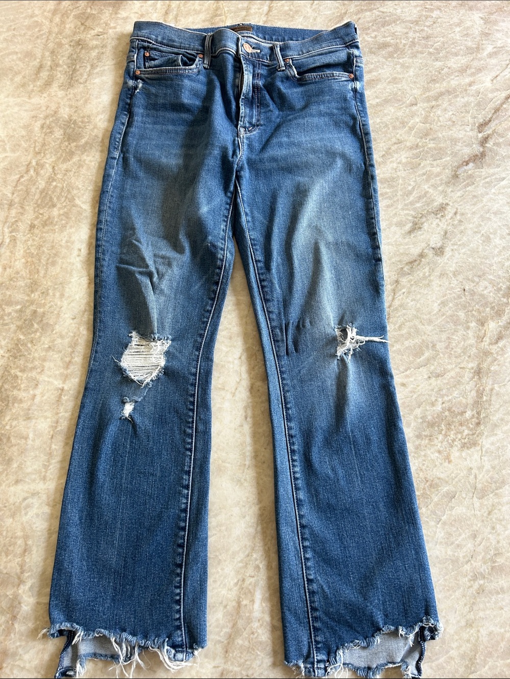 MOTHER Dark Blue Distressed Flare Jeans